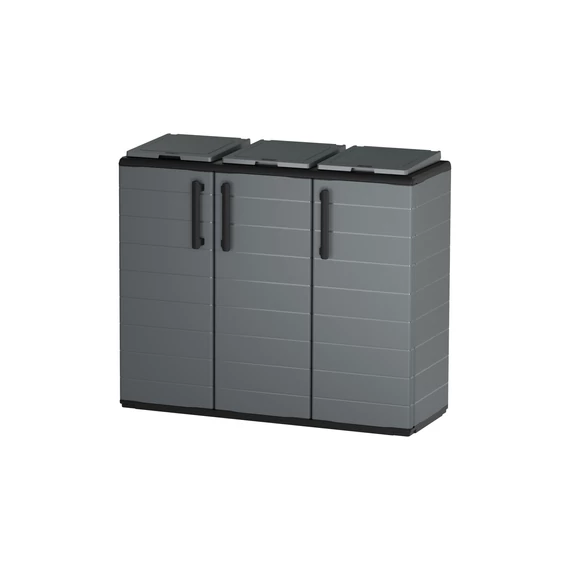 Szelektív zsáktartó szekrény polipropilén acélzsanérokkal és 3 fedéllel, belső zsáktartó gyűrűkkel 1020x370x840 mm. P101/ECO