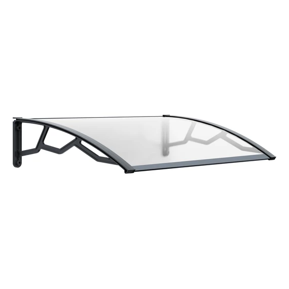 Előtető átlátszó, kompakt polikarbonát, anti-UV lemez 3 mm, polipropilen megerősített karok sötétszürke, 755x1190x245 mm. PE80120C