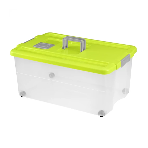 Boxmania Tároló doboz 55L 60x40x28,5cm gurulós, Clippes tetővel 1569